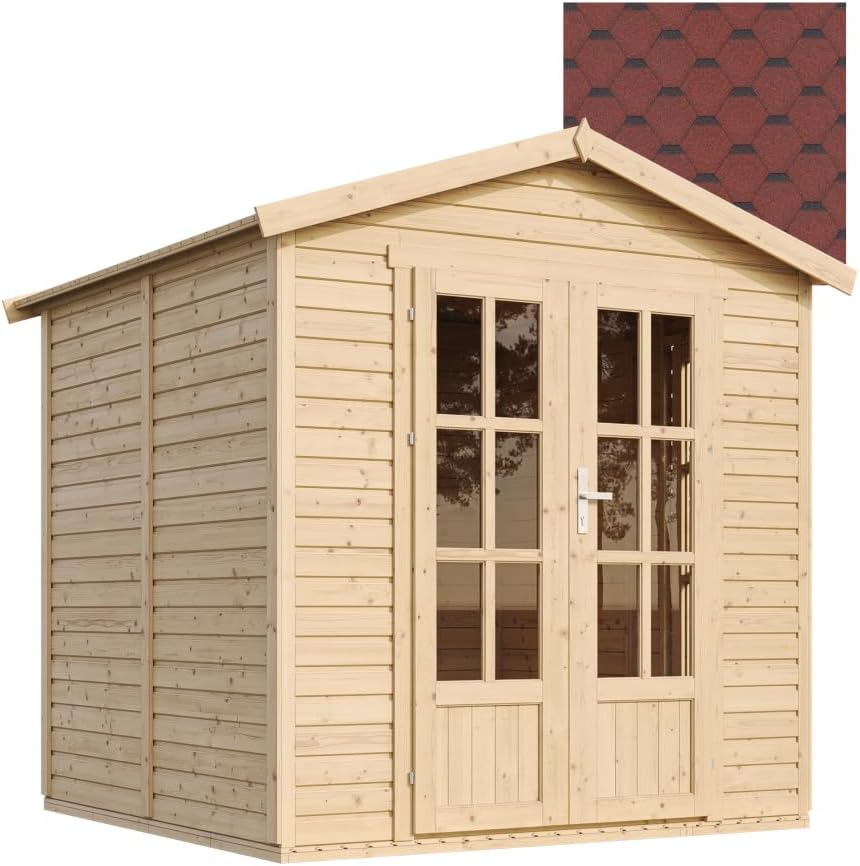 TIMBELA M351FB Cabane en Bois avec Plancher et Bardeaux Bitumineux Rouges, L233xP222xH233 cm – Abri Multifonctionnel, Bureau, Atelier, Studio Jardin