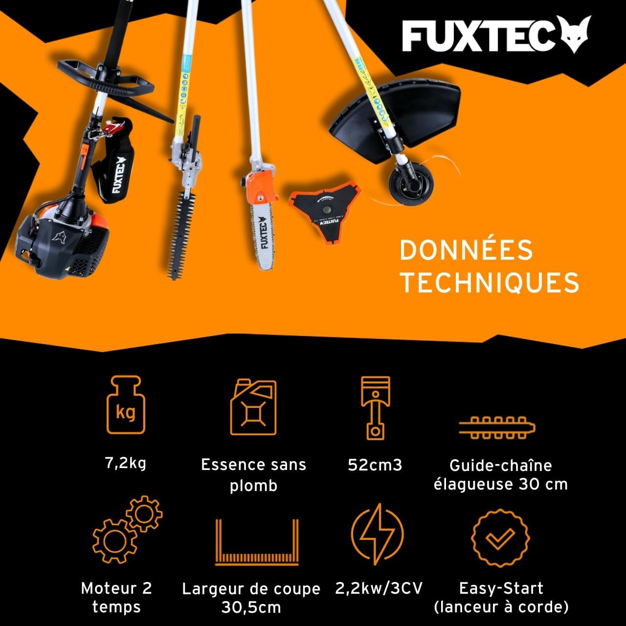 Fuxtec Débroussailleuse Thermique Multifonction 4 en 1 Multitool FX-MT152 - Easy Starter, 3CV 52 cm³, Moteur 2 Temps, Élagueuse Taille Haie Coupe Bordure avec Fil ou Lame