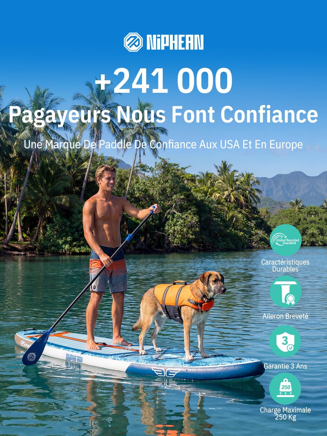 Niphean Extra Large Paddle Gonflable, Sup à 2+1 Personnes/Famille, Planches de Stand Up Paddle Gonflables avec (Idéal Débutant) Aileron Équilibré, Housse Étanche, Paddle Gonflable Adulte, Cadeaux