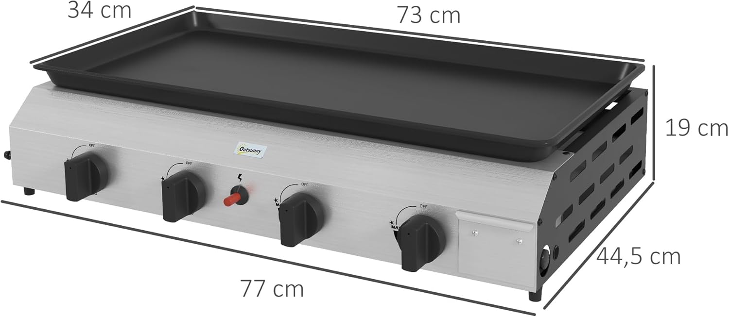 Outsunny - plancha 4 brûleurs - 73x34 cm - acier inox émaillé, 9,6kW, grande surface