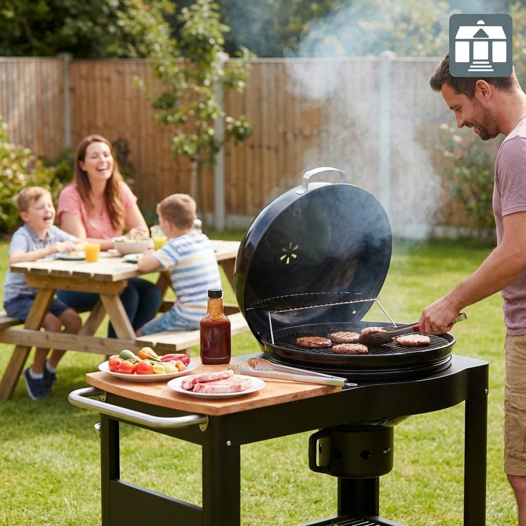 Tarrington House - Barbecue Calgary - acier/bois - couvercle thermomètre, tablettes, 2 roues, noir