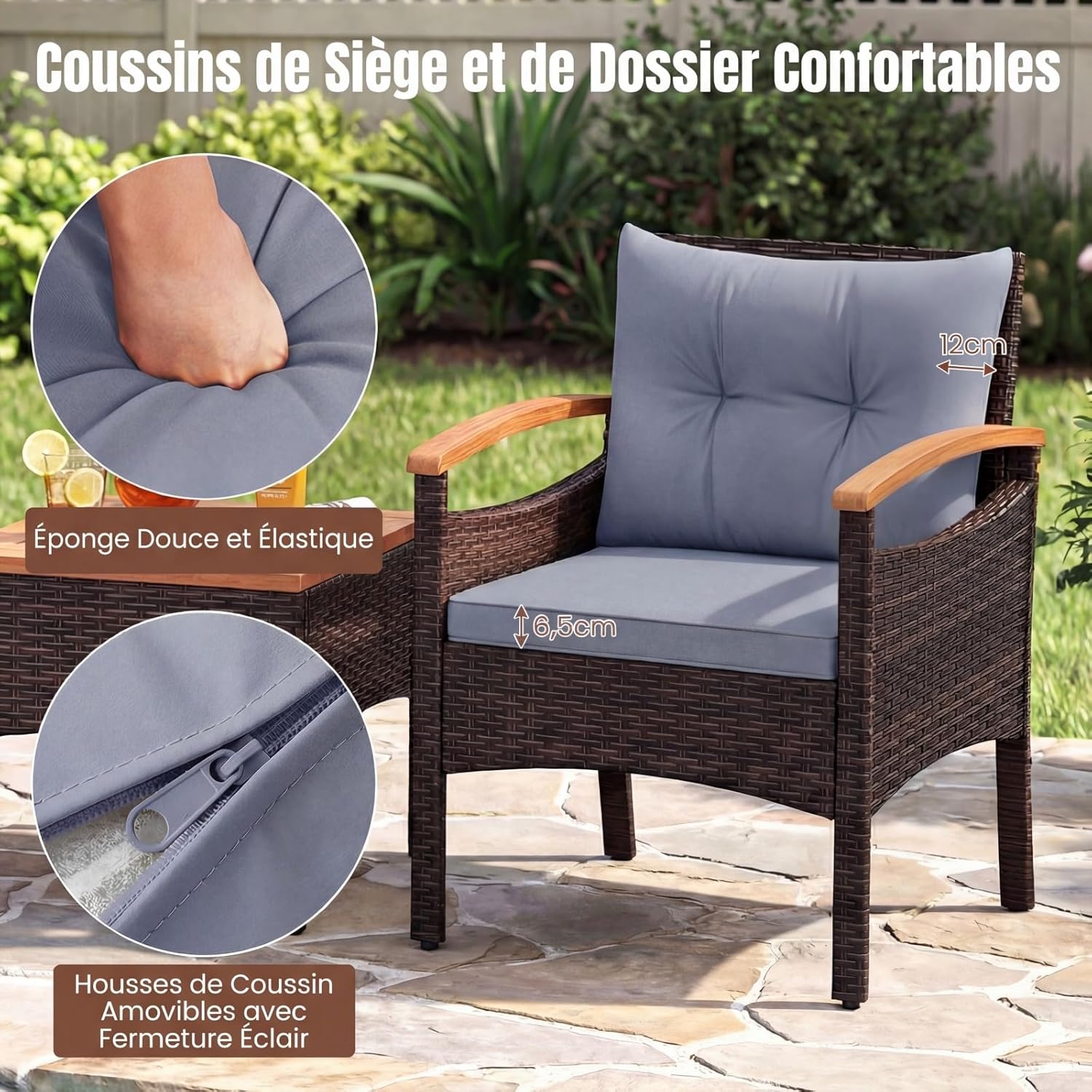 Salon de Jardin COSTWAY - 3 pièces en rotin PE - table en bois d'acacia, coussins amovibles, gris.