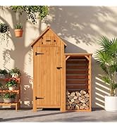 HOMAVO Abri de Jardin en Bois avec Range Bûche, Toit en Appentis Protégé UV, 131 × 54.3 × 179 cm,...