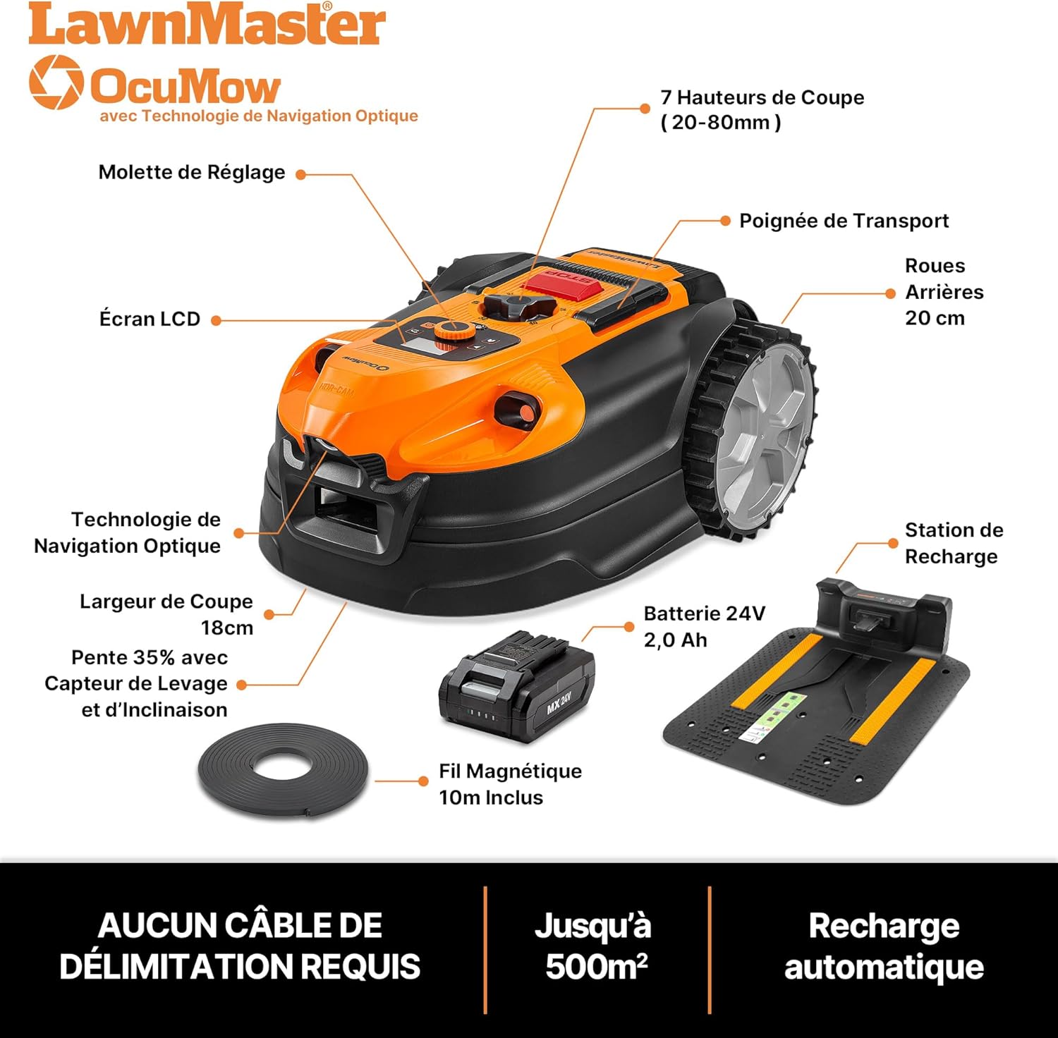 Lawnmaster - OcuMow série - 500 m² - navigation optique, 2 Ah, évitement d'obstacles, station auto - OcuMow®18