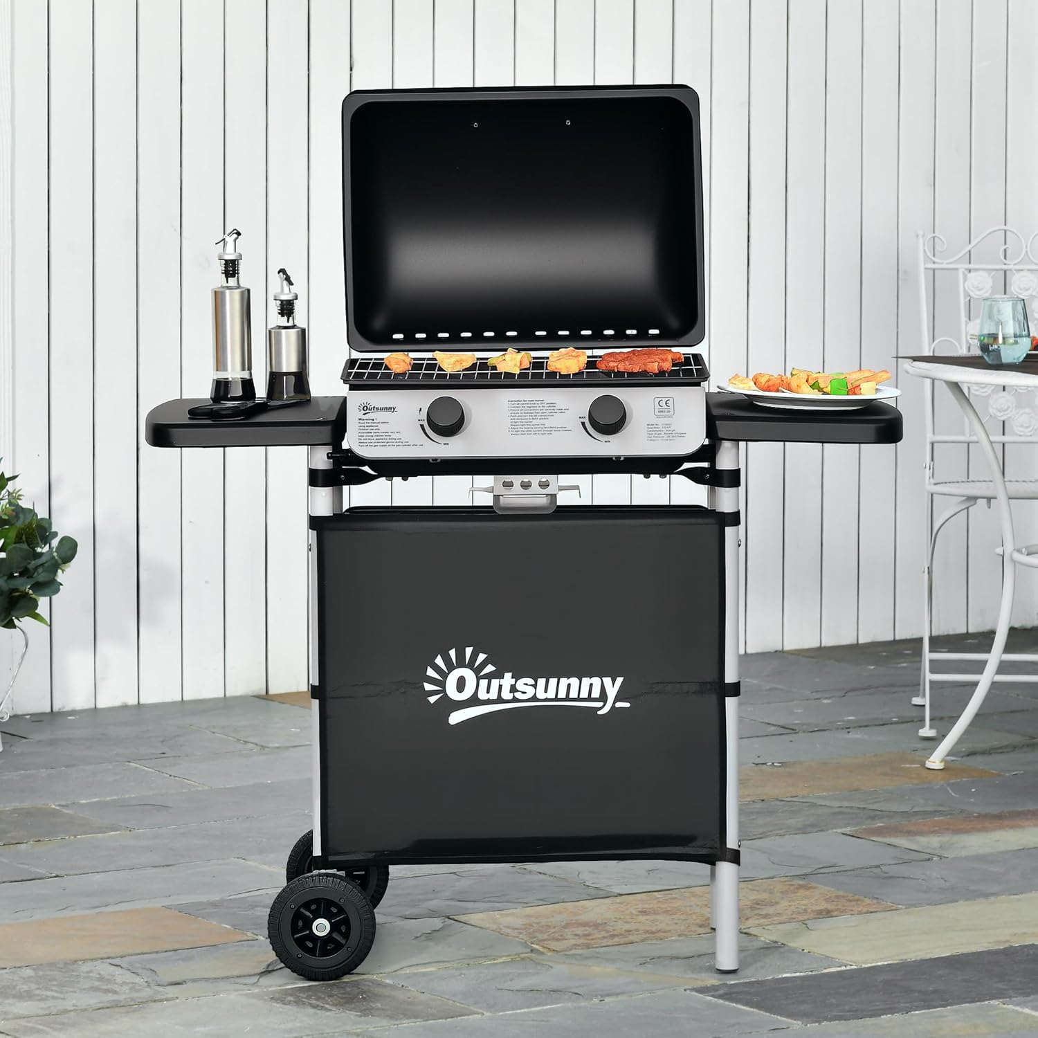 Outsunny - Barbecue gaz 2 brûleurs inox, 2 grilles, 2,8kW, 2 étagères, 2 roues, noir