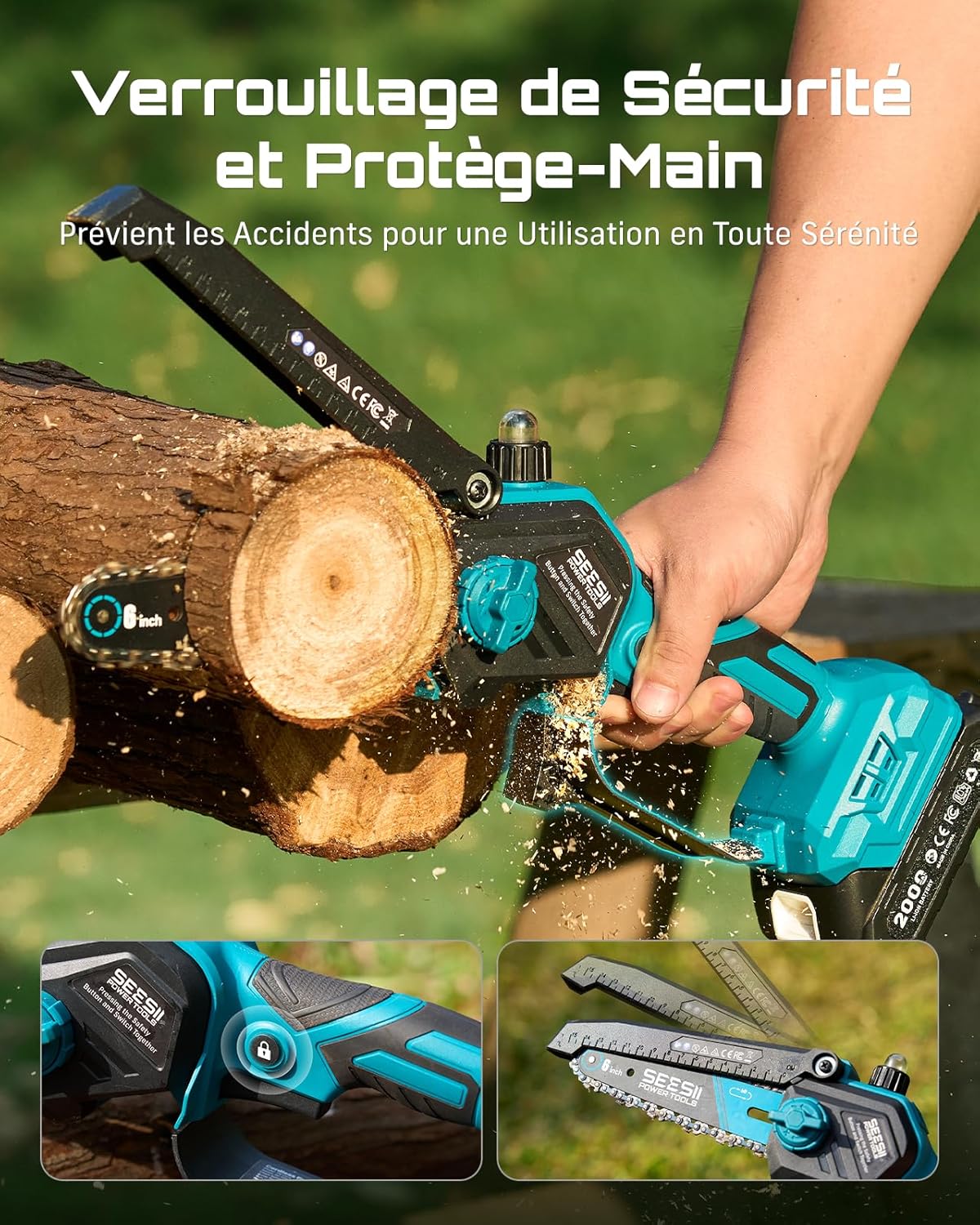 SEESII 2-in-1 Elagueuse sur Perche, Mini Tronçonneuse Brushless 6 Pouces avec 2 x 4000 mAh Batteries, Coupe Branche Telescopique, Portée 4,87 M, Idéal Extérieur & Jardinage