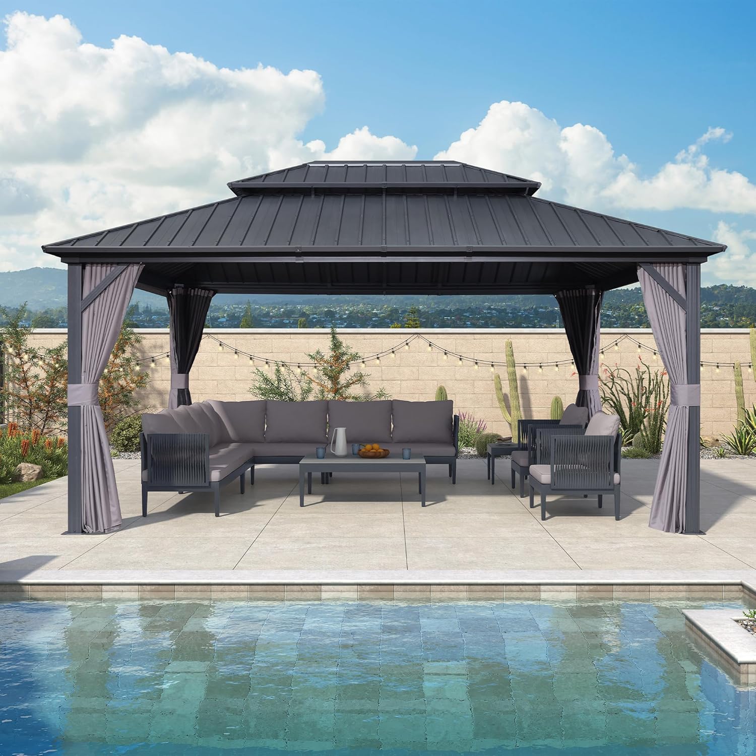 PURPLE LEAF - pergola série double toit - 4,85x3,65 m - alu acier, rideaux, moustiquaire