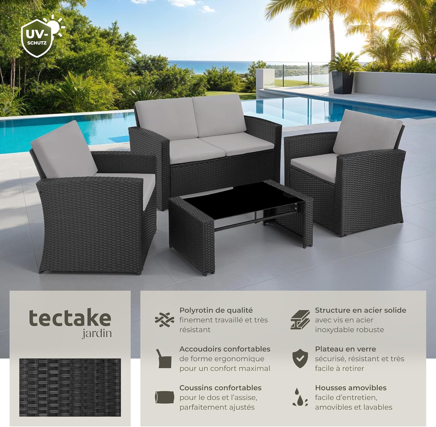 TecTake - Salon de jardin rotin 4 places - canapé, fauteuils, table, coussins confortables