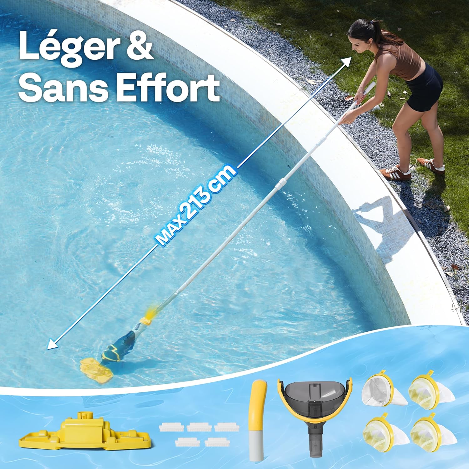 VIVOHOME Aspirateur de Piscine sans Fil avec Batterie et Perche Télescopique 213cm, Nettoyeur de Fond de Piscine Portable, Aspiration 70LPM pour Piscine Hors-Solet et Enterrée, Spa
