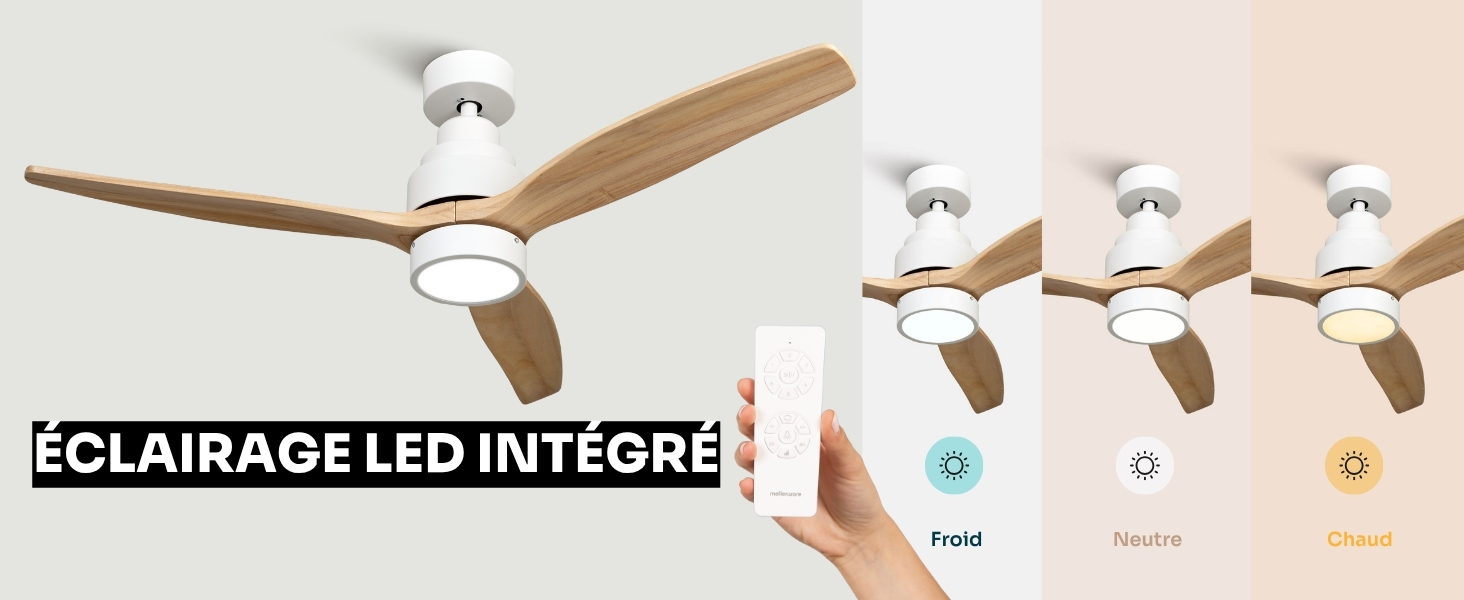 Démonstration de produit montrant un ventilateur de plafond avec plusieurs configurations d'éclairage, avec des luminaires LED réglables dans différentes positions.