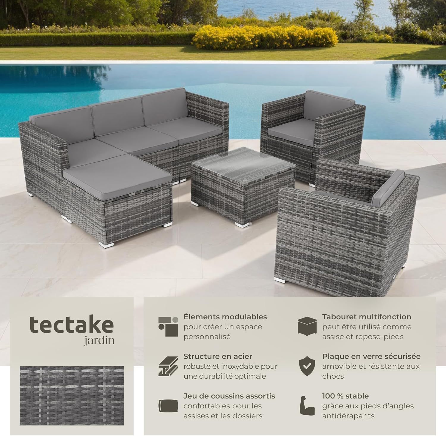 tectake - Salon de jardin modulable 7 places, poly rotin, coussins inclus