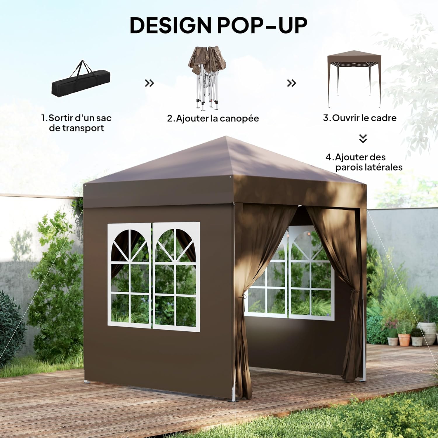 Outsunny - tonnelle pliante jardin 2x2m, hauteur réglable, 4 côtés, marron