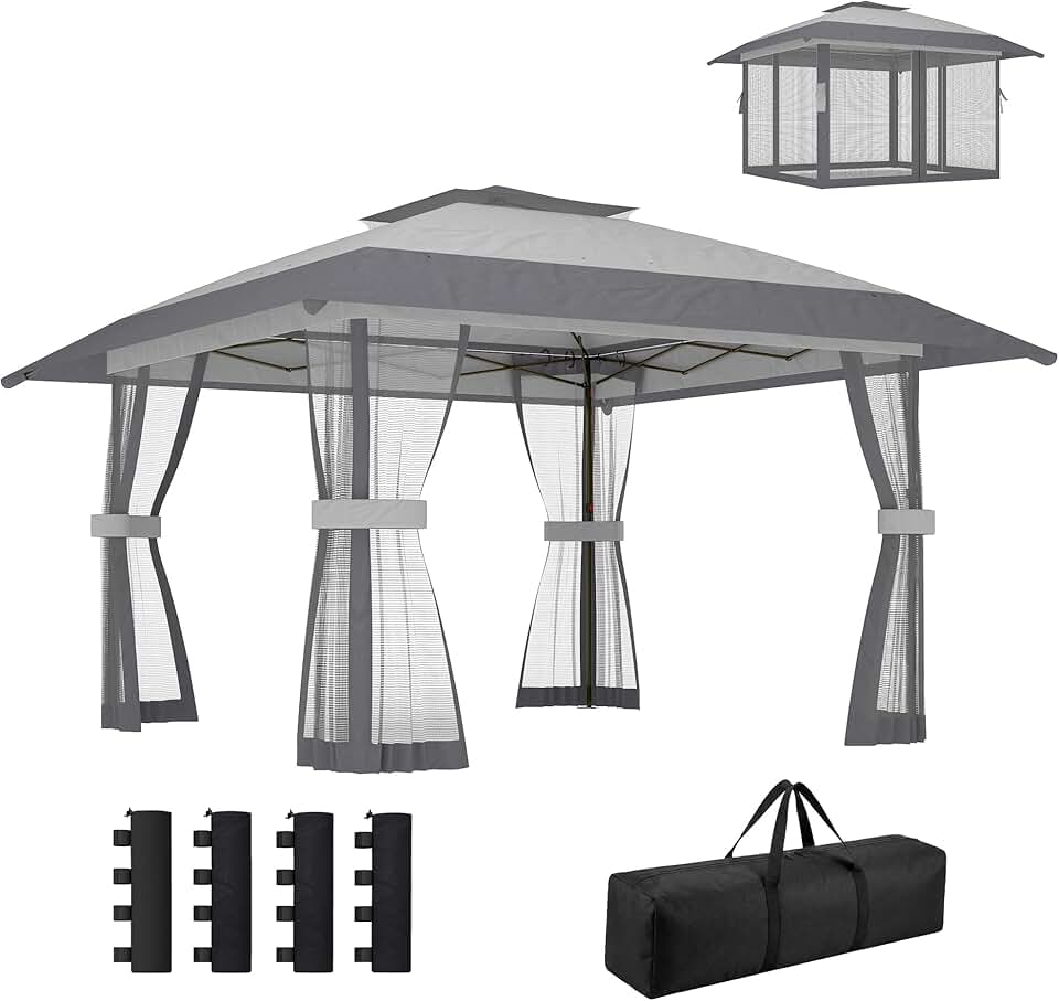 Outsunny Tonnelle de Jardin 4 x 4 m Pop up Tente Pliante réglable en Hauteur Protection UV30+ tonnelle Pliante avec Double Toit 4 parois en Maille 4 Sacs de Sable Sac de Transport Montage Facile Gris