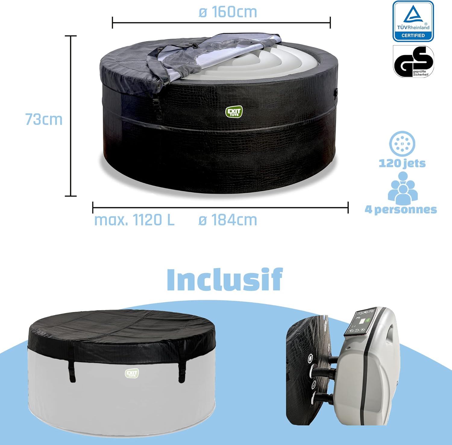 EXIT Toys - Leather Premium Spa extérieur 184x73cm - 4 places, chauffage, 120 jets air
