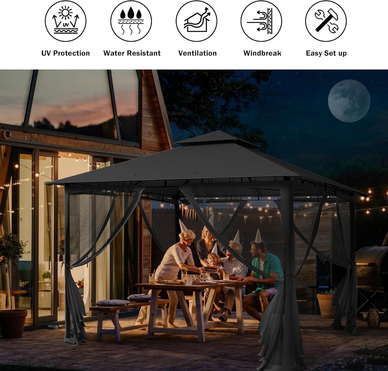 UDPATIO - Double Toit, 3.4x3.4m - Métallique, moustiquaire, gris