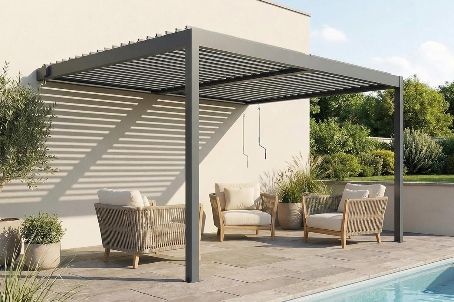 CAZEBOO - Pergola Piana - 4x3 m - Alu gris, lames acier orientables, RAL 7016