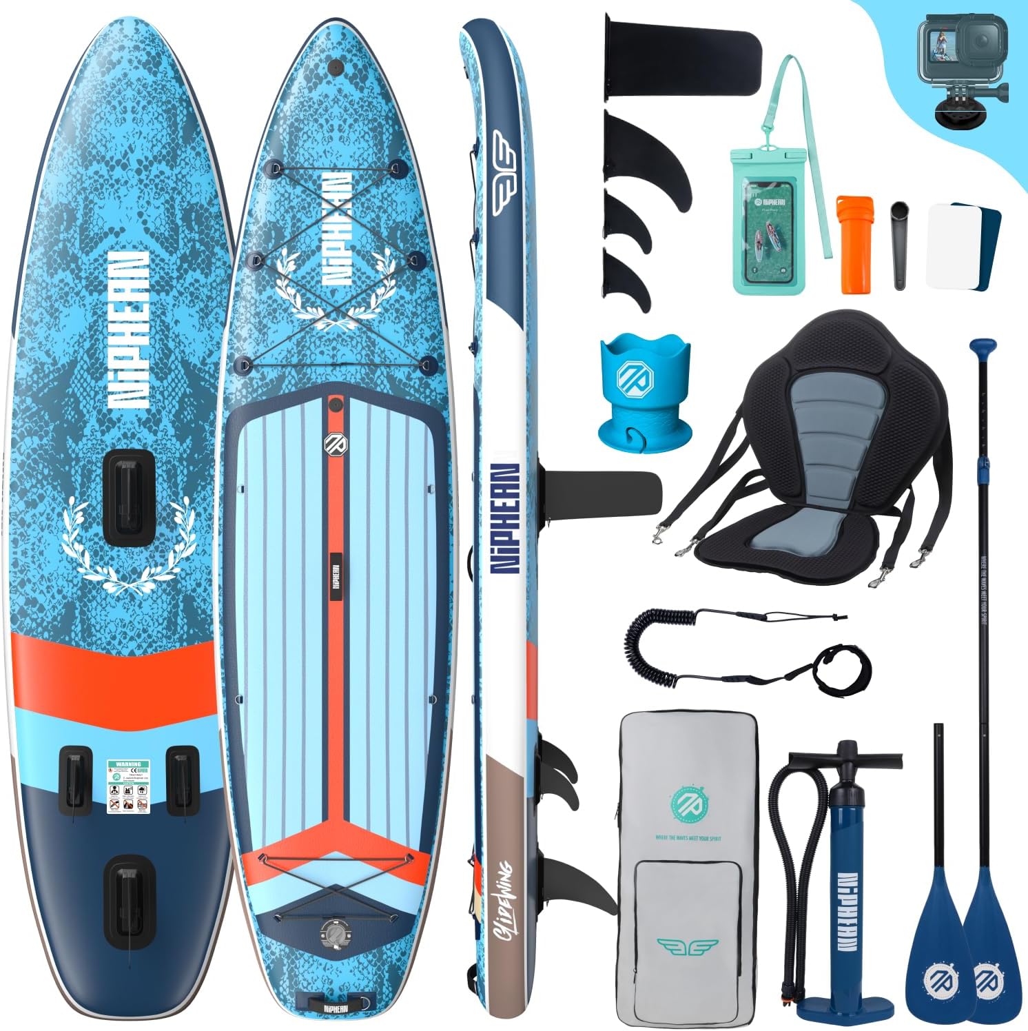 Niphean Extra Large Paddle Gonflable, Sup à 2+1 Personnes/Famille, Planches de Stand Up Paddle Gonflables avec (Idéal Débutant) Aileron Équilibré, Housse Étanche, Paddle Gonflable Adulte, Cadeaux