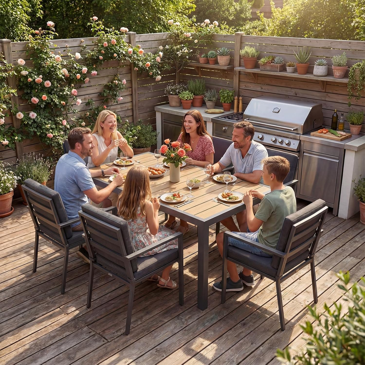 JUMMICO - Table de jardin teck 150x80cm aluminium antirouille, extérieur