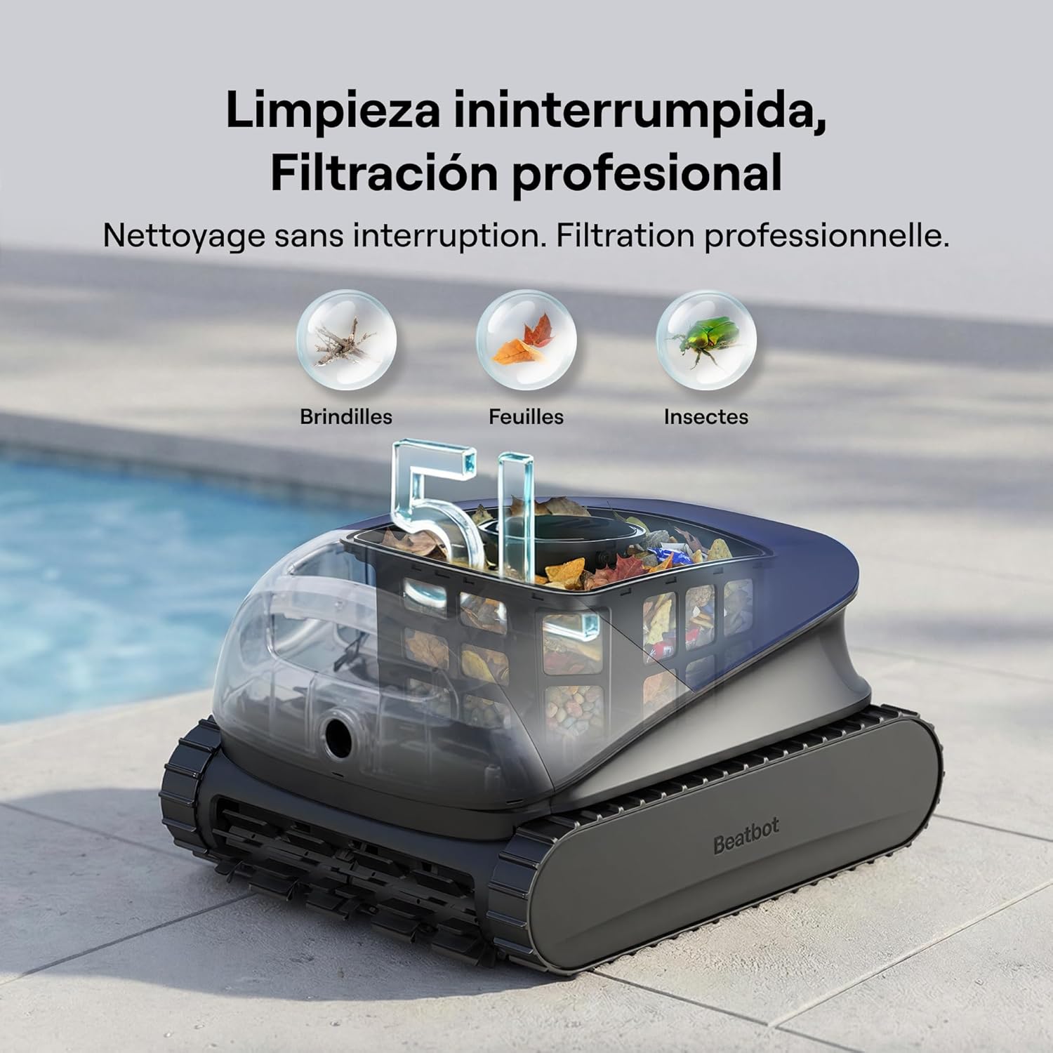 Beatbot Sora 10 Robot piscine sans fil — Fond/parois/ligne d'eau/plages immergées, puissance d'asp. 25 700 LPH, stationnement intelligent à la ligne d'eau, capacité du filtre 5L, 300 min, Bleu Profond