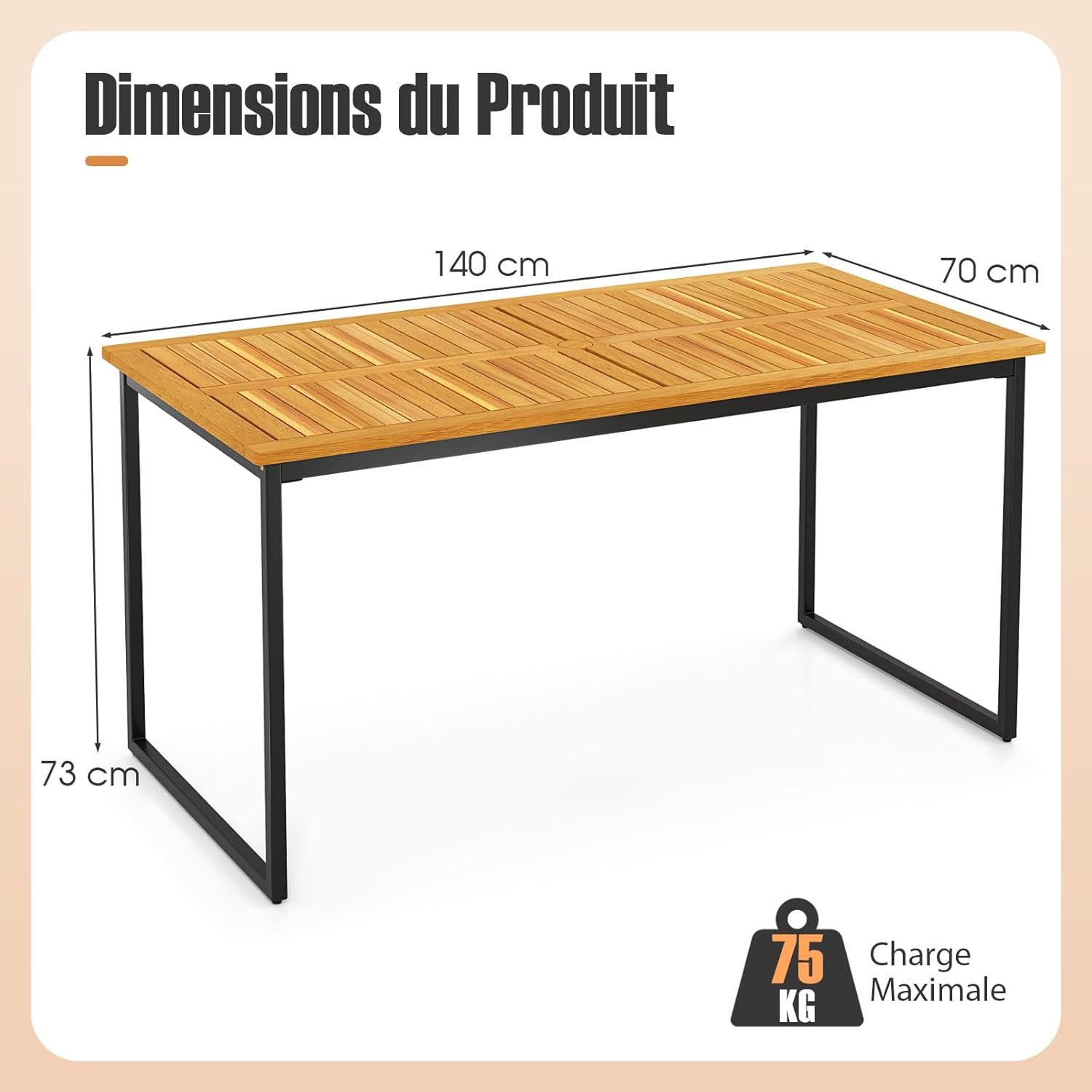 GOPLUS - Table jardin 140x70x73 cm - bois acacia, 6 pers, parasol