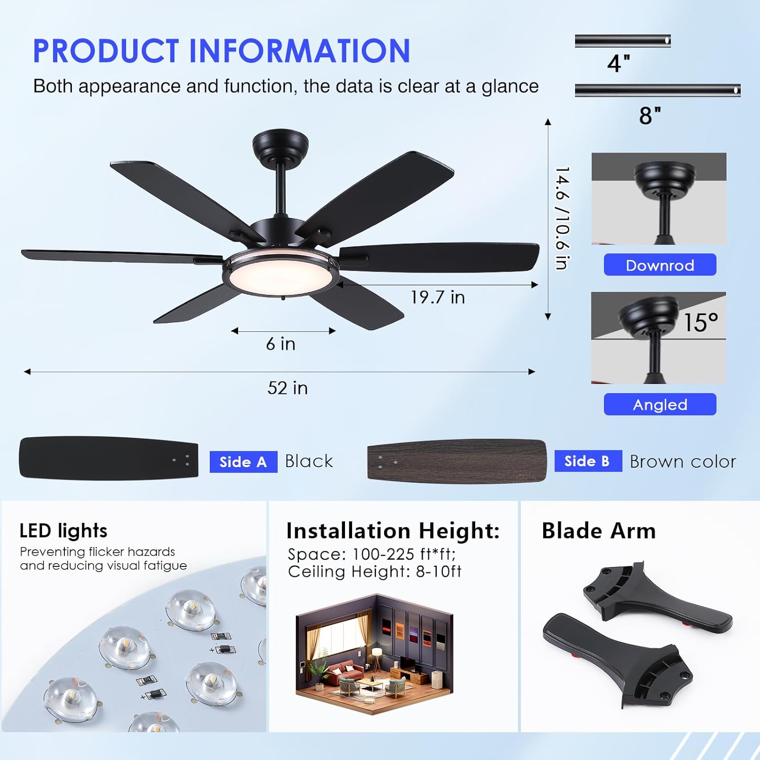 Kviflon Ventilateur de Plafond avec Lumière 132 cm, Moteur DC Silencieux et Économe, Télécommande & Contrôle par App, 6 Vitesses, LED Dimmable, 3 Pales ABS, Design Moderne Noir pour Chambre et Salon