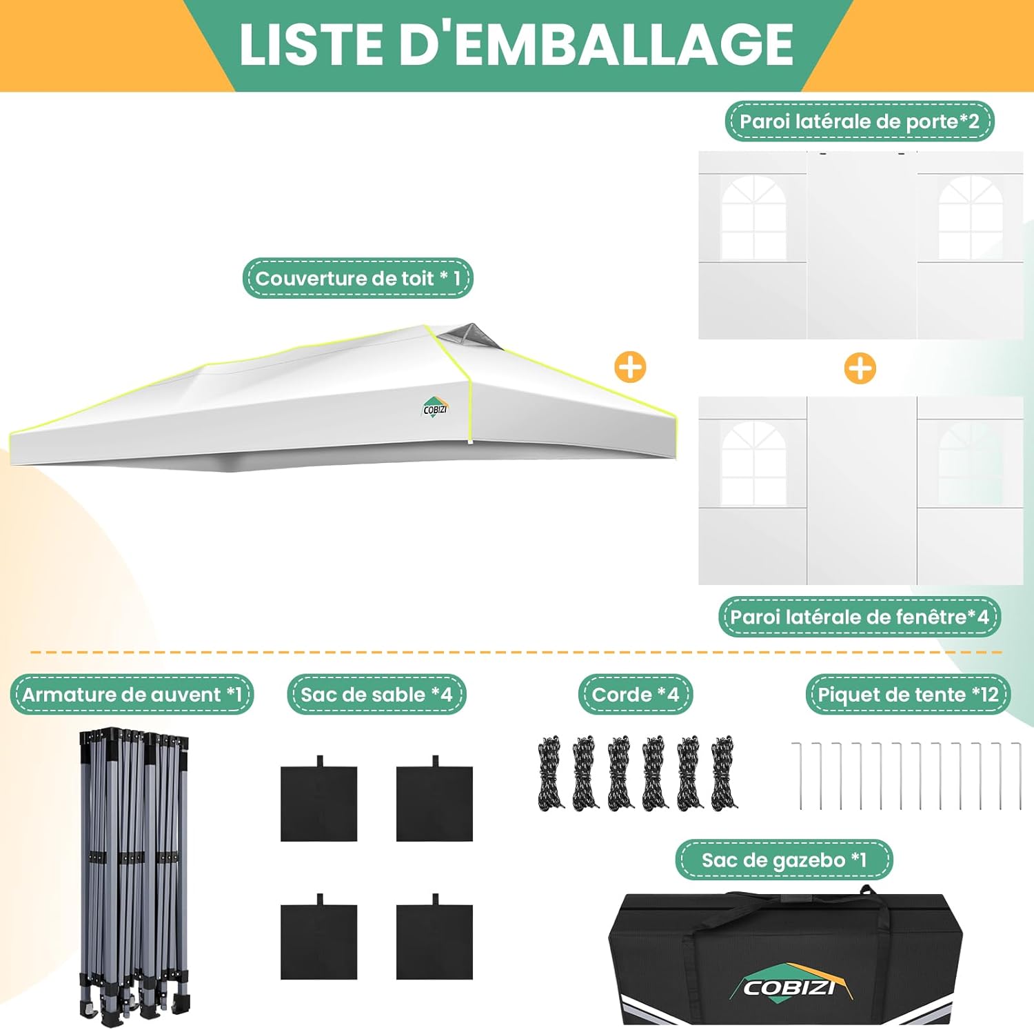 COBIZI - tonnelle pliante 3x6m - verrou central, 6 parois, UV50+