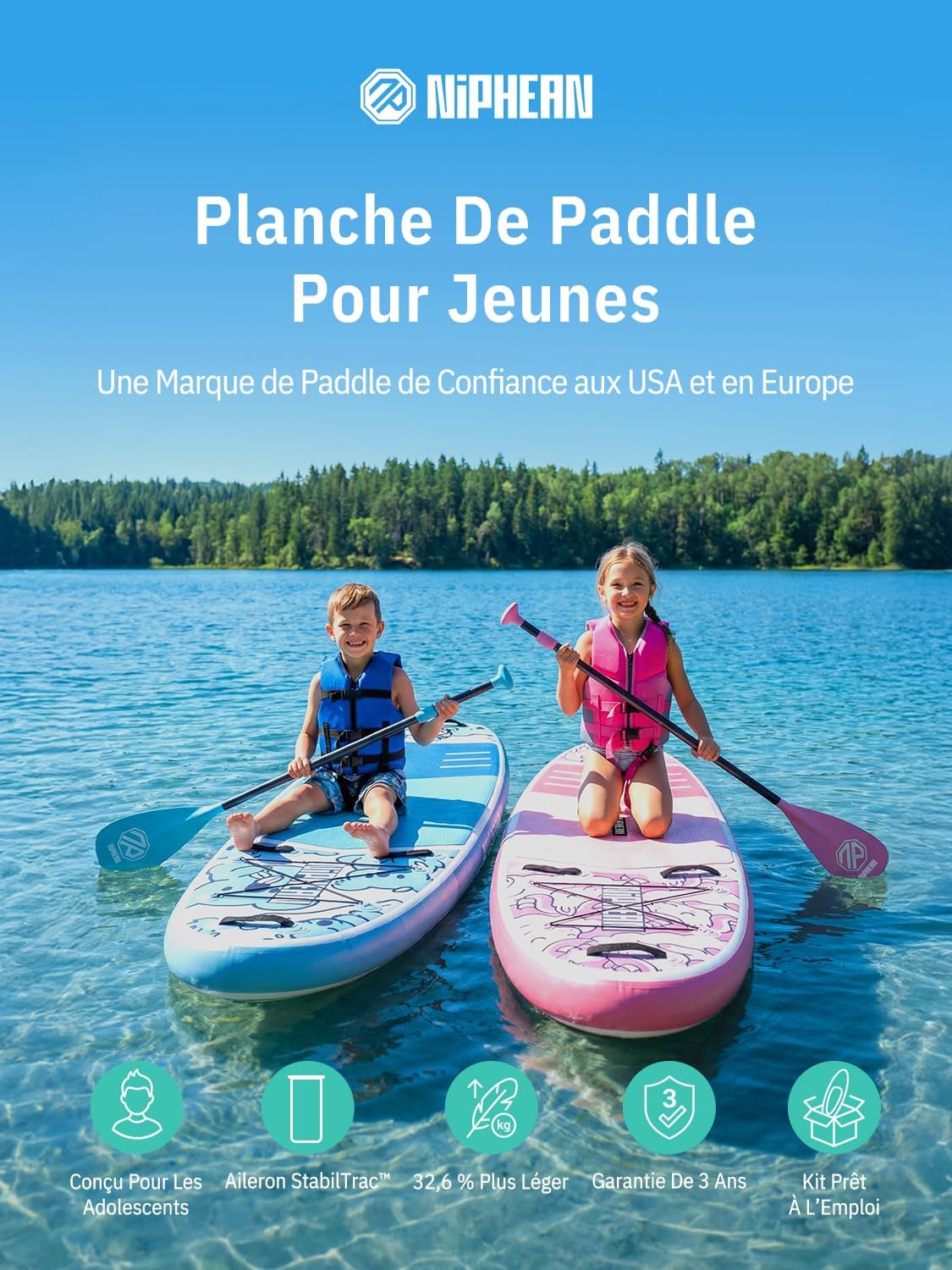 Niphean Extra Large Paddle Gonflable, Sup à 2+1 Personnes/Famille, Planches de Stand Up Paddle Gonflables avec (Idéal Débutant) Aileron Équilibré, Housse Étanche, Paddle Gonflable Adulte, Cadeaux