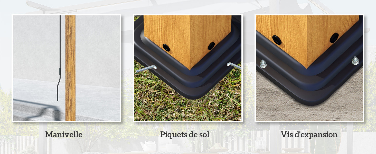 Image à trois panneaux montrant les détails de l'installation : une manivelle en métal, des supports d'angle noirs sur du bois et des joints de dilatation pour une structure extérieure ou un meuble non spécifié