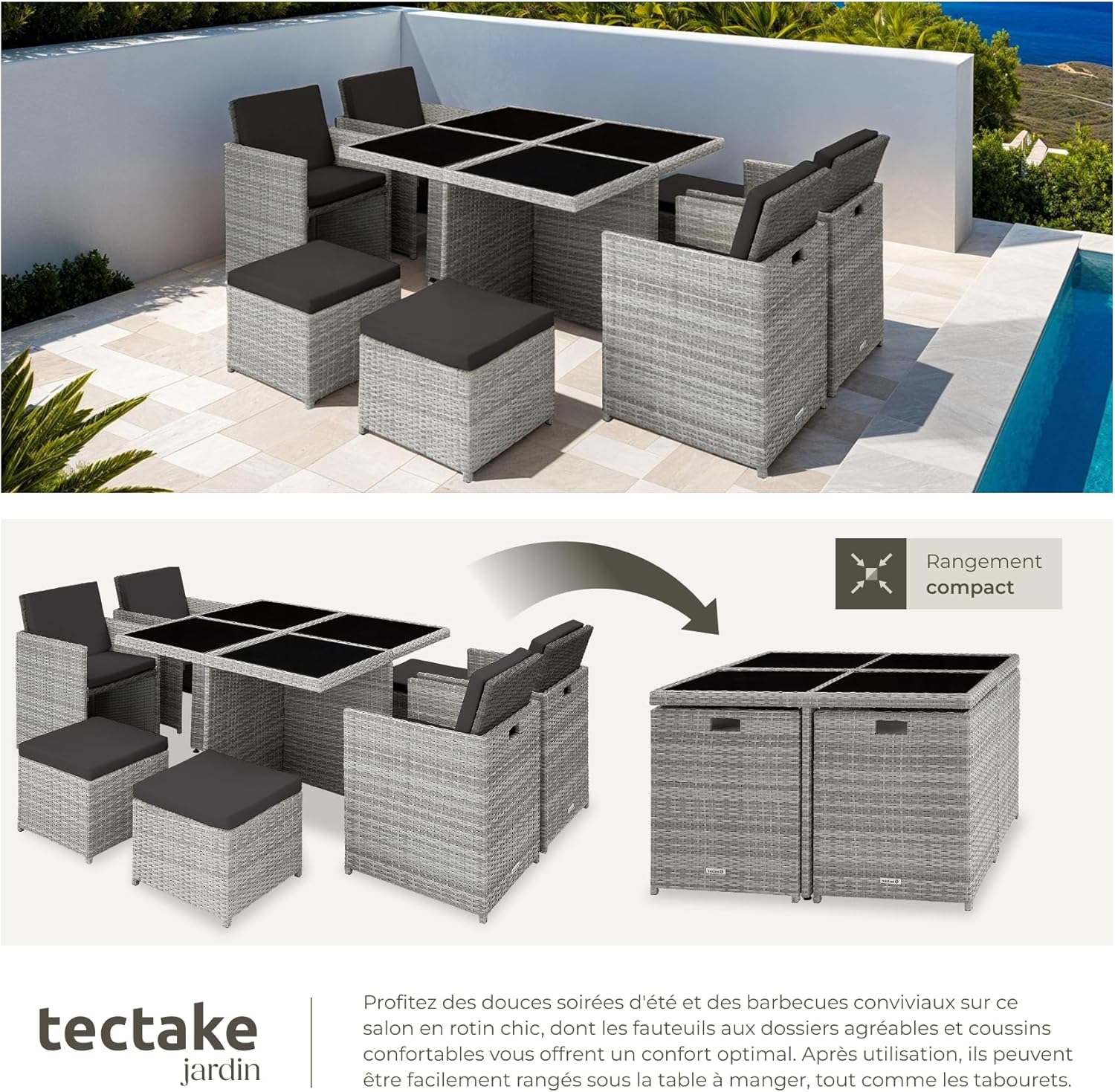tectake - Salon de jardin extérieur 8 places - alu, polyrotin, table large, gris clair