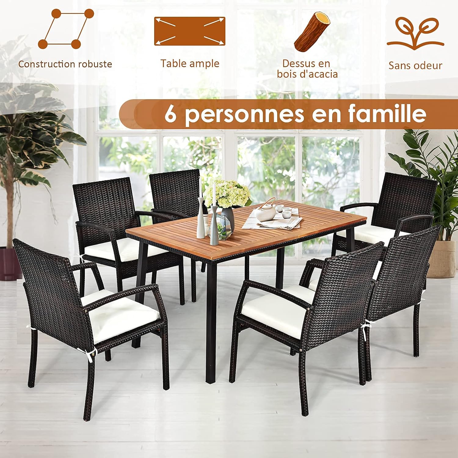 Costway - Table à manger bois et acier - 140x75x76 cm - trou parasol
