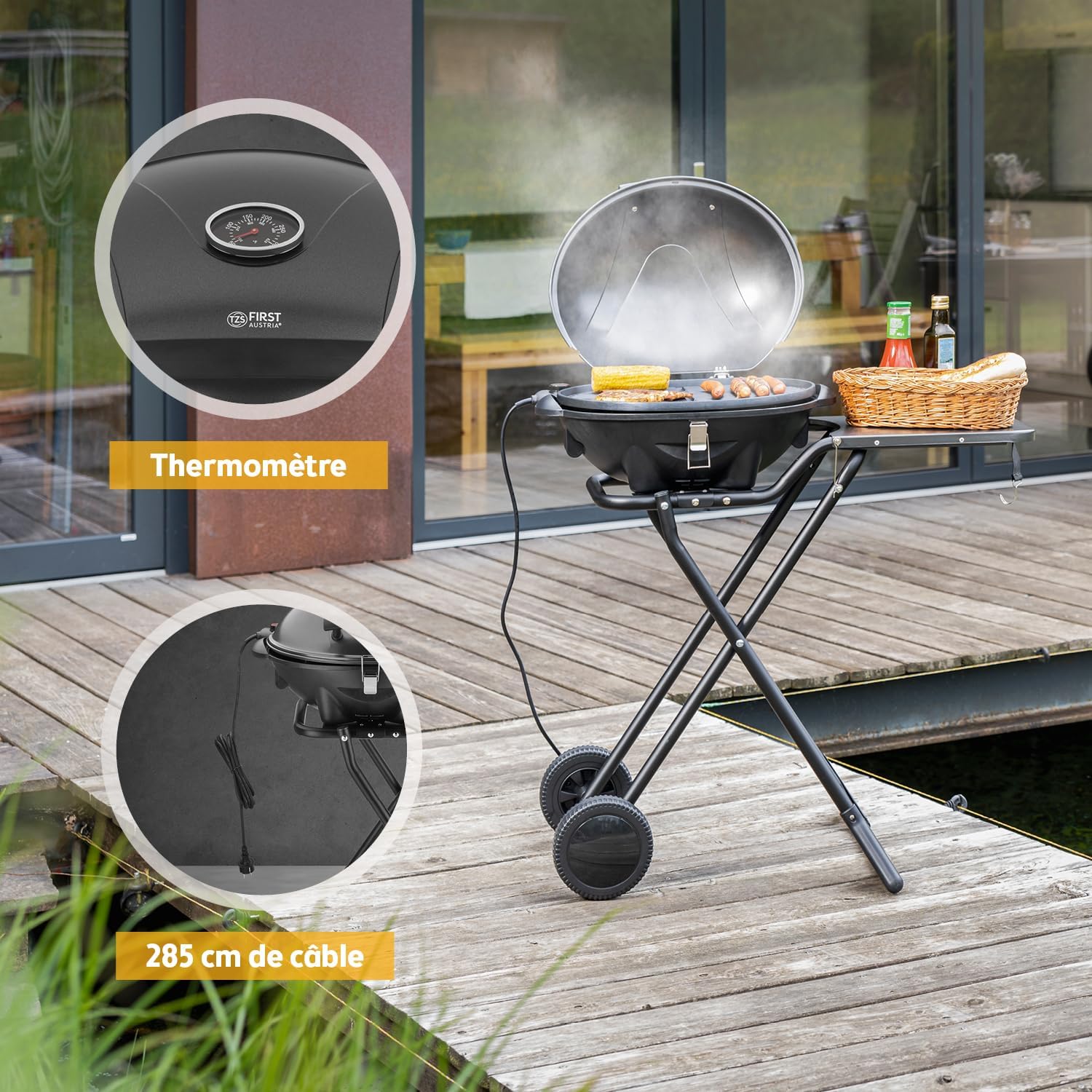 TZS First Austria - Barbecue 2-en-1 pliable 2400W, couvercle, chariot, thermomètre - TZSFA5350-6