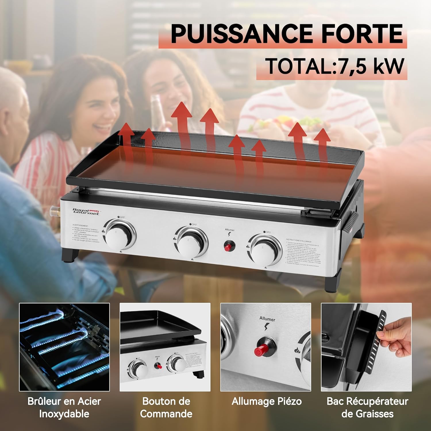 Royal Gourmet - Plancha Gaz 3 brûleurs - 62x35,5 cm - acier émaillé, portable, 7.5kW