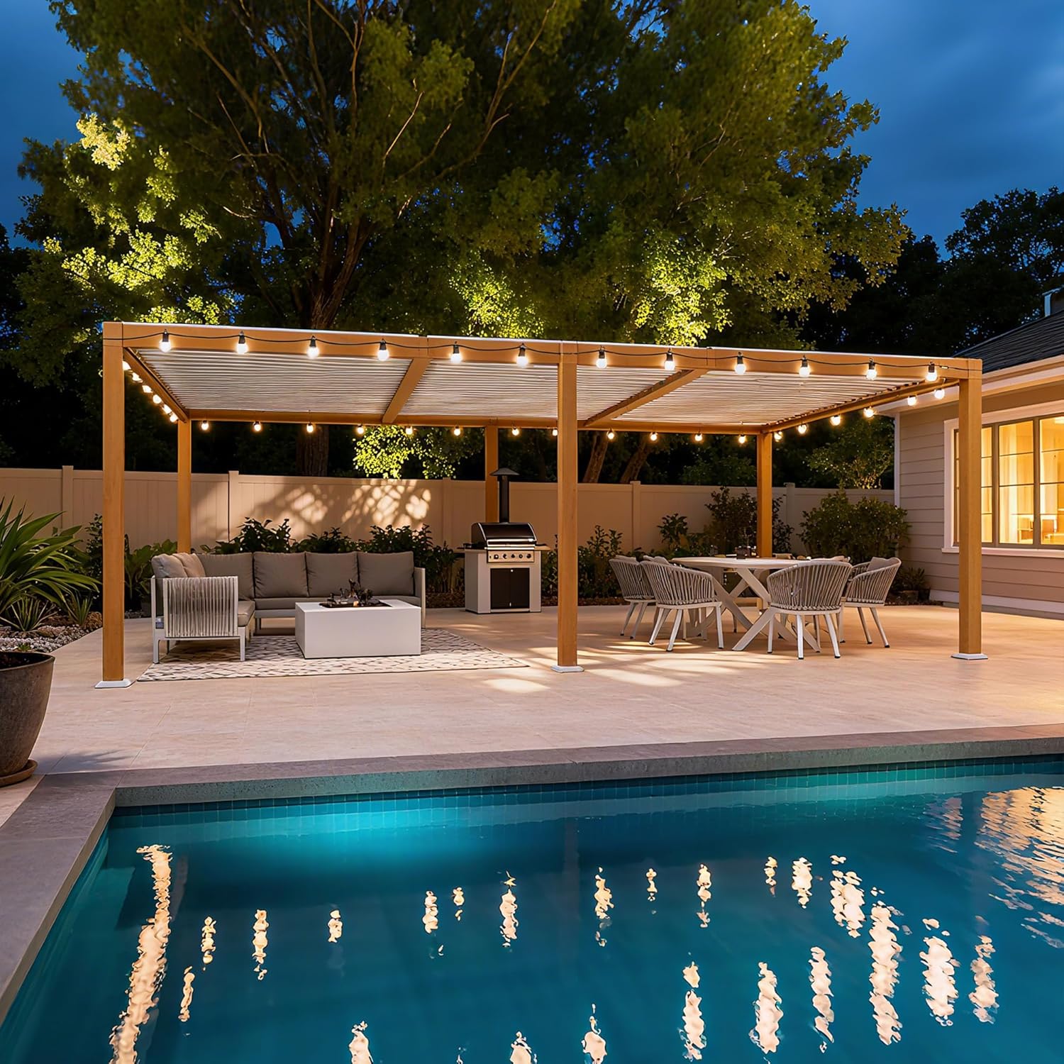 PURPLE LEAF - Pergola effet bois - 3.5x6.35m - LED, lames orientables, étanche