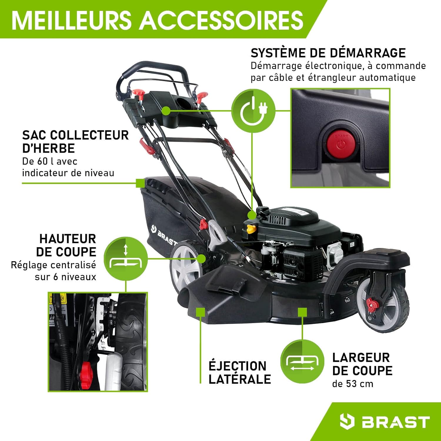 BRAST - tondeuse thermique 3 roues 53cm, 224cc, tractée, démarrage électrique, mulching, 4en1, TRIKE E-START