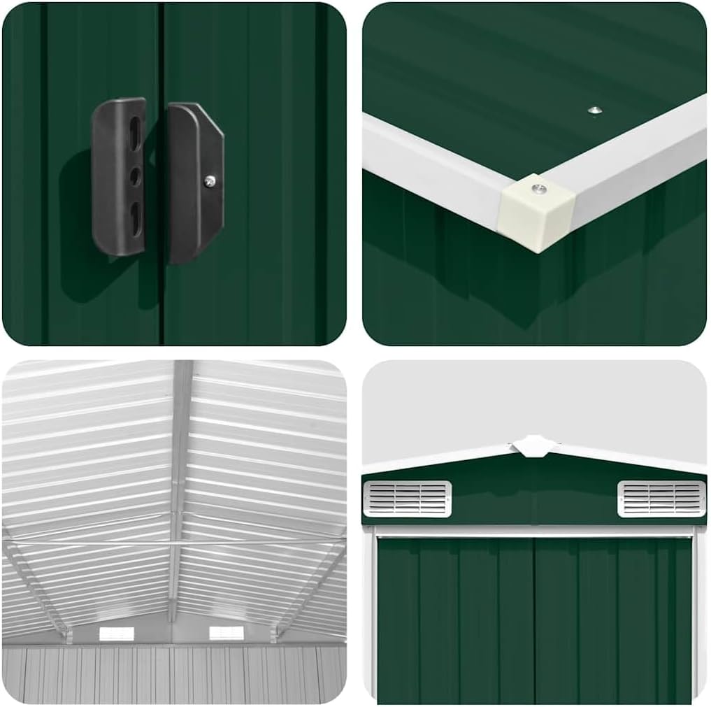 vidaXL - Abri de jardin métal 257x398x178 cm, vert, terrasse et outils