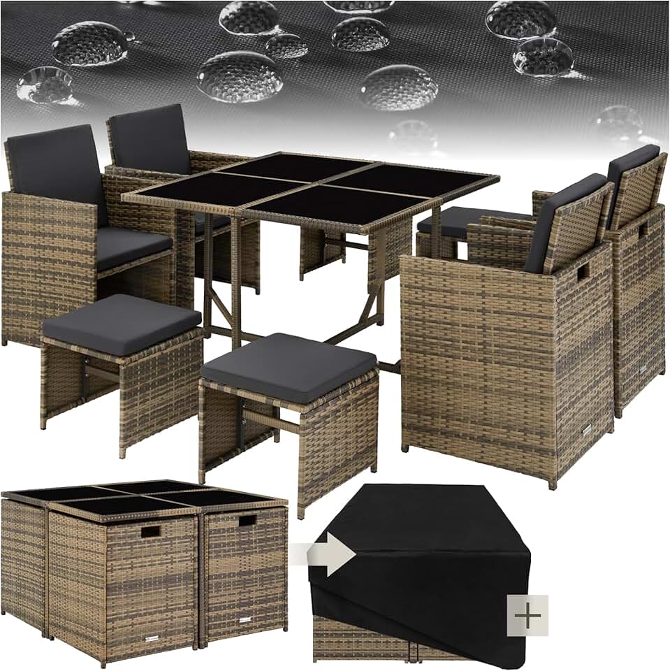 tectake - Salon de jardin polyrotin, 4 chaises, 4 tabourets, table, housse, marron