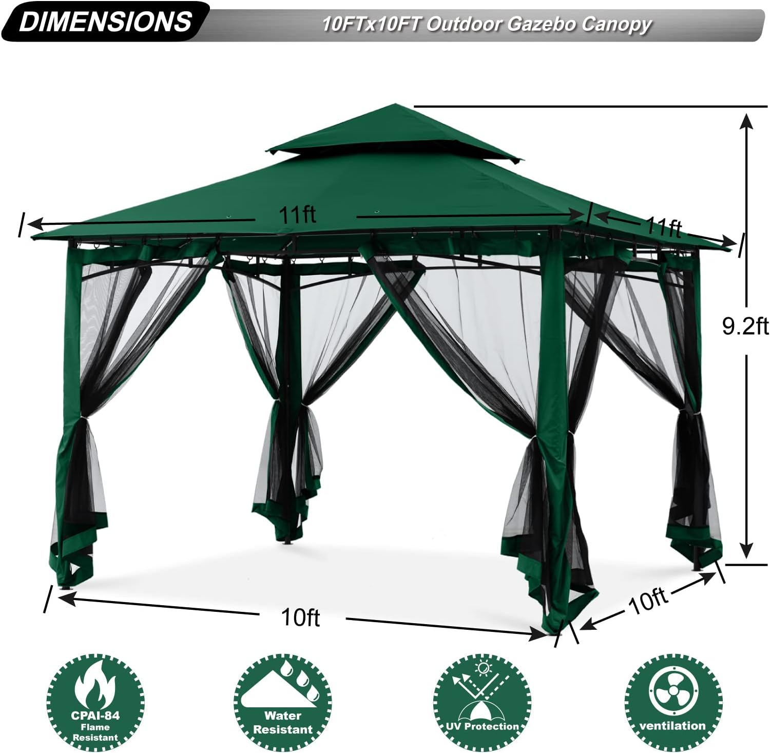 ABCCANOPY - tonnelle jardin double toit 3,35x3,35m, filet ombre, vert foncé