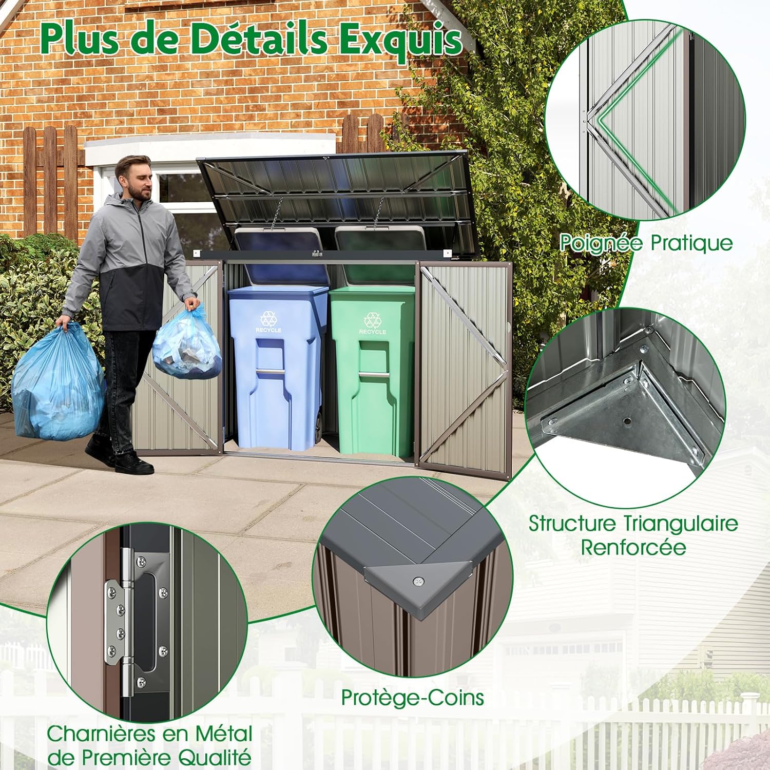 RELAX4LIFE - abri de jardin métal 172x100x129 cm, portes doubles, couvercle relevable