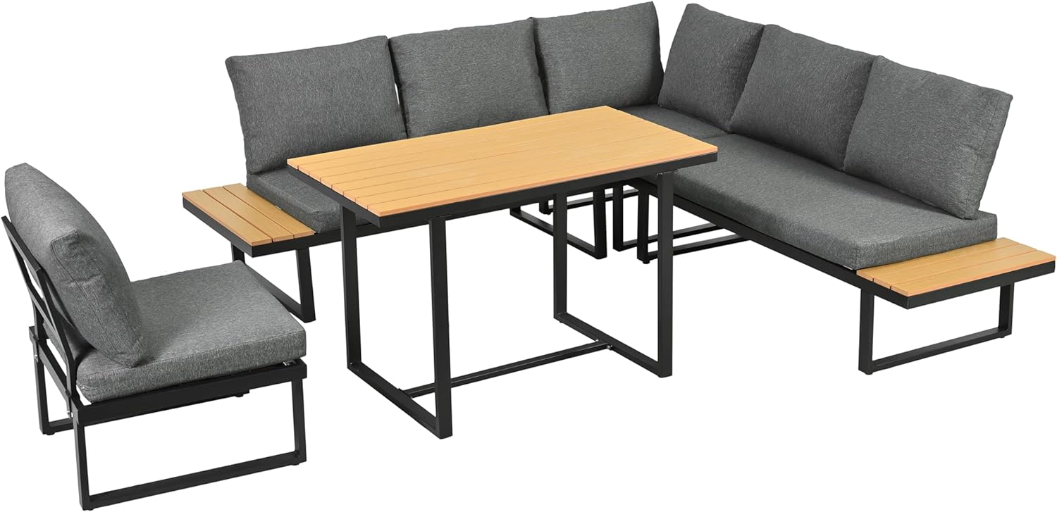 Sapgaks - Ensemble salon jardin inclinable 5 positions - structure acier, plateau bois-plastique, table incluse - gris/n