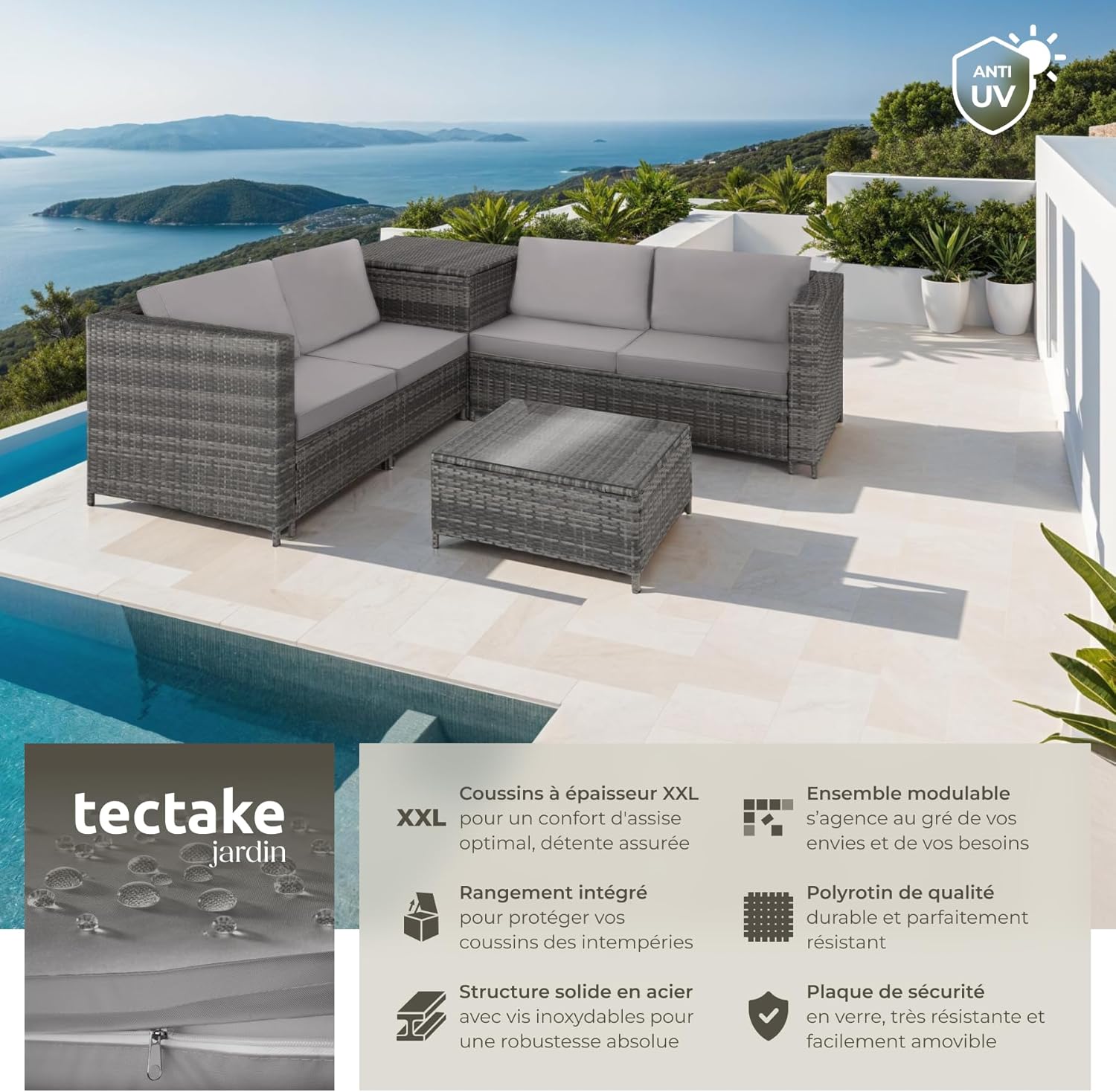 tectake - salon de jardin poly rotin 4 places, canapés modulables, table verre, coffre rangement