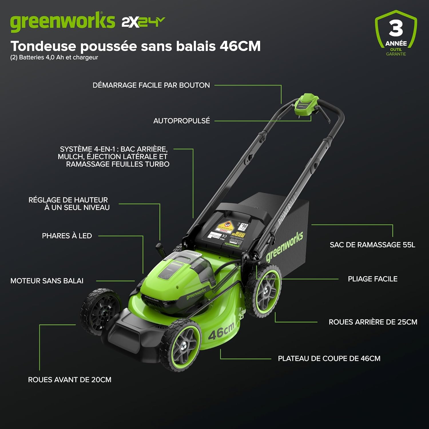 Greenworks 48V (24V x 2) Tondeuse à gazon sur batterie autopropulsée, largeur de coupe 46 cm, jusqu’à 440 m², réglage central de la hauteur de coupe en 8 positions, sans batterie ni chargeur – LM4602S