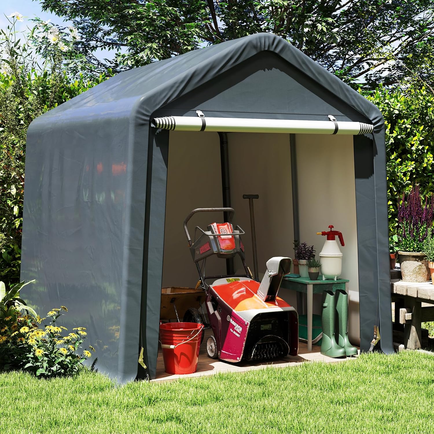 COSTWAY Abri de Vélos Extérieur de 240 x 195 x 214 cm, Abri de Garage Portable pour Motos Housse Imperméable avec Porte à Fermeture Éclair Enroulable, Tente de Rangement pour Jardin Cour