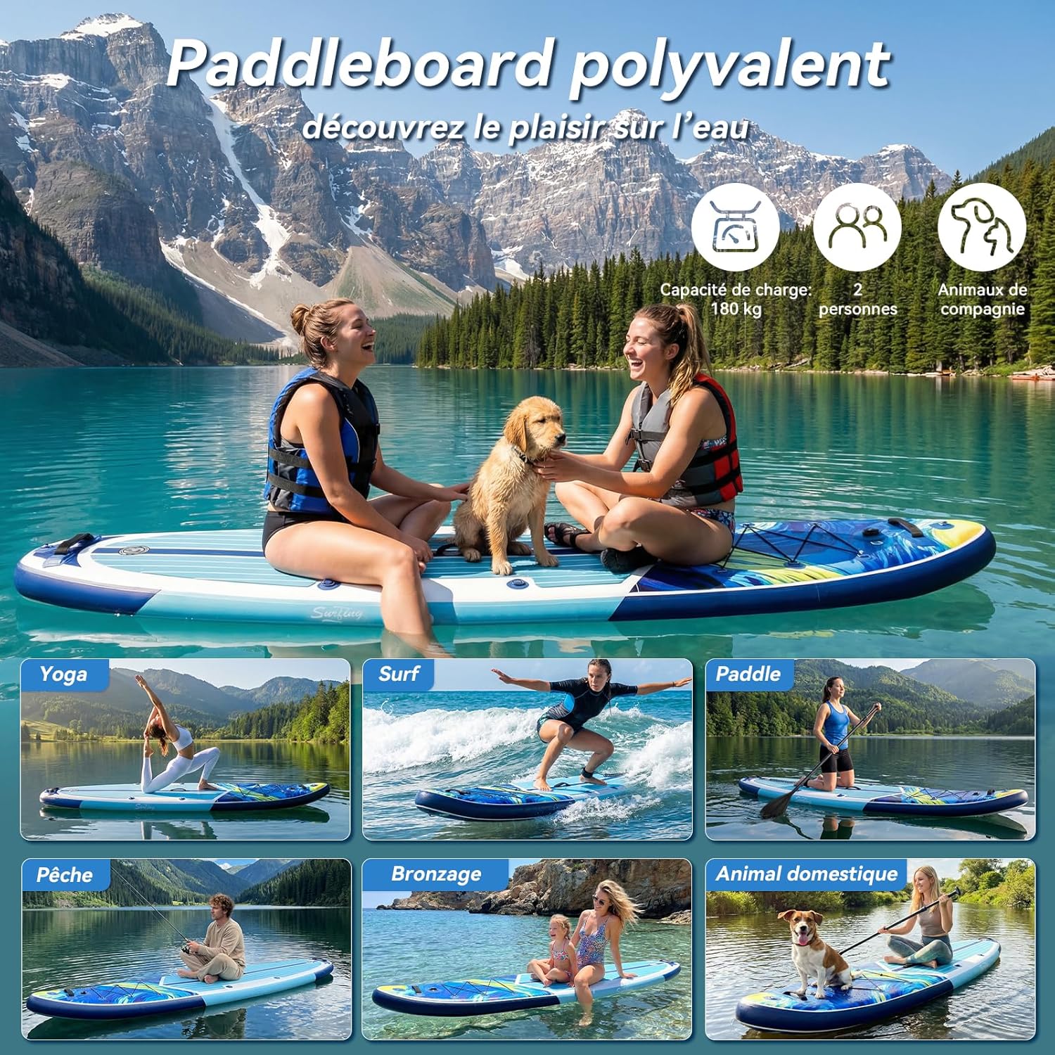 YU YUSING - Paddle gonflable adulte 320/335cm - 2 personnes, siège kayak, pagaie, support caméra, 150kg