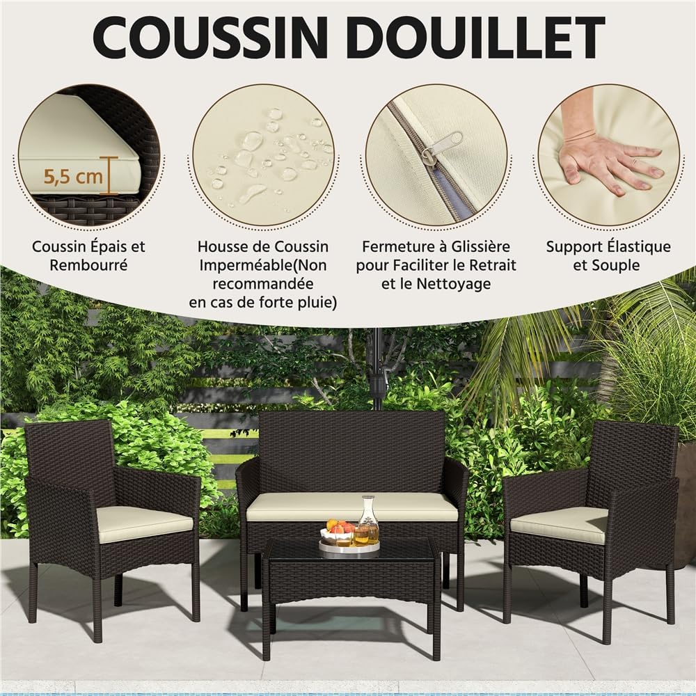 Yaheetech - Salon de jardin 4 places - polyrotin métal - canapé, fauteuils, table, coussins - brun/beige