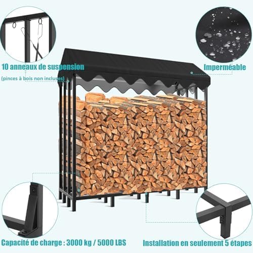 Himimi® Range-bûches d'Extérieur avec Housse de Protection Intégrée, 185 x 70 x 185 cm, Capacité 2,4 m³