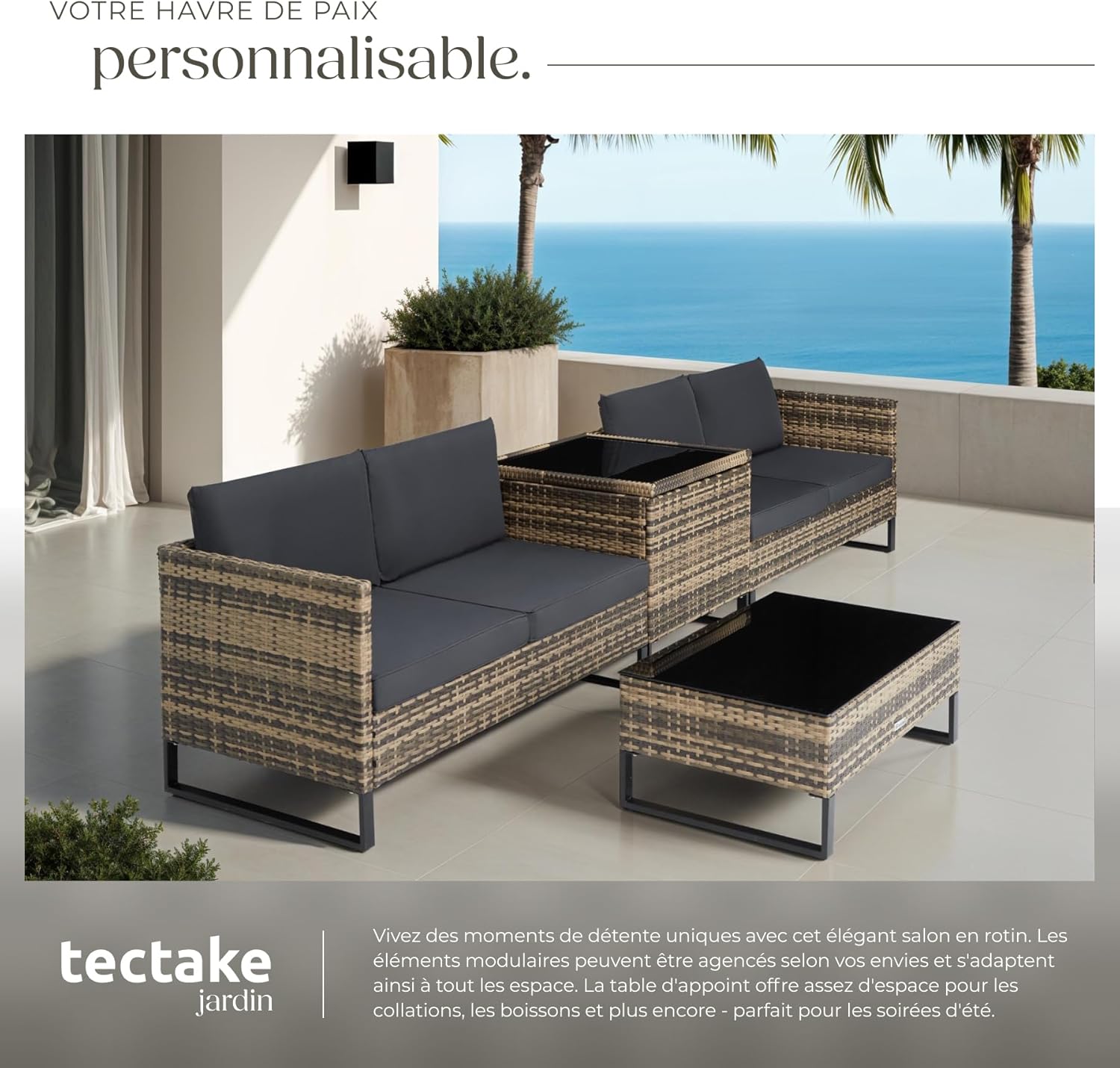 tectake - Ensemble modulable 4 places rotin, table basse, coffre, coussins