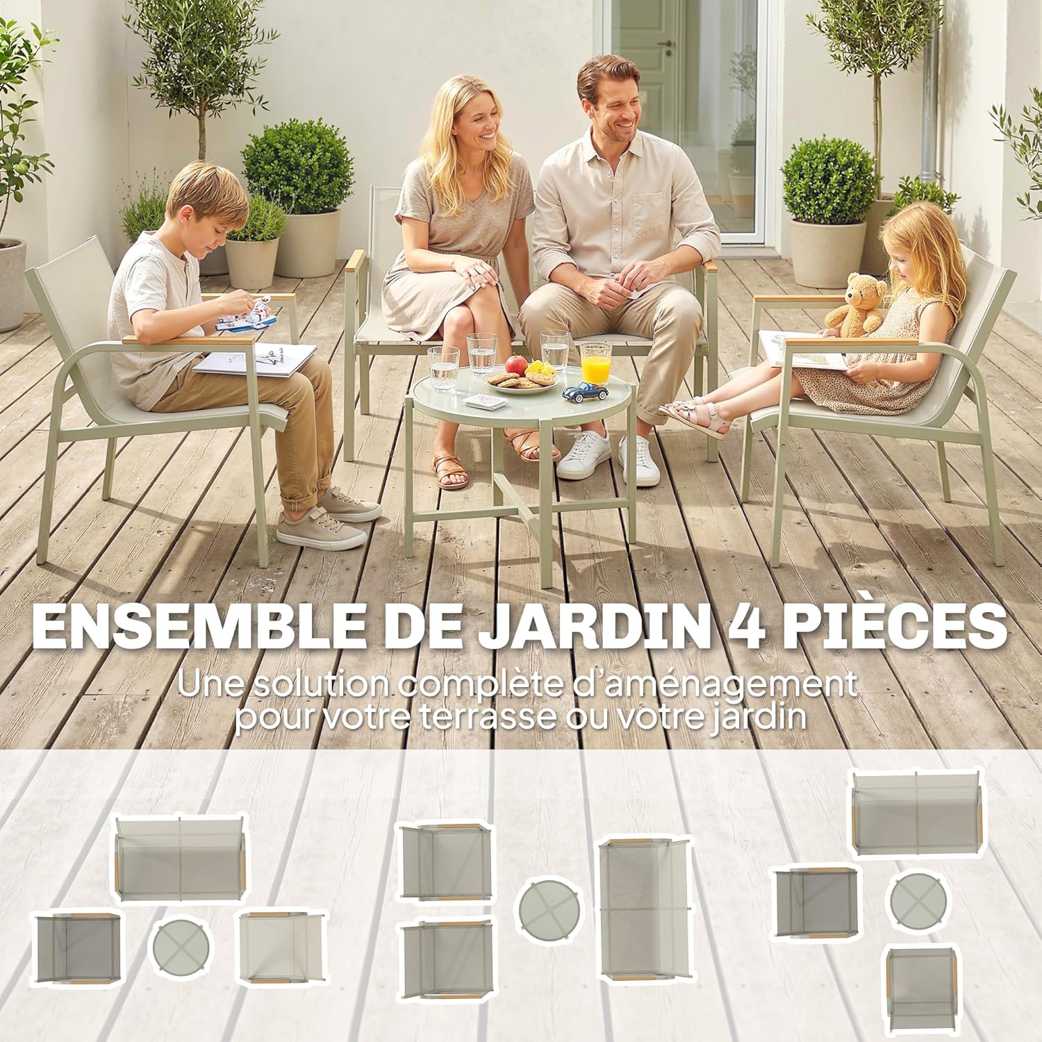 Outsunny - Salon de jardin 4 pièces textilène - 2 places, 2 fauteuils, table verre, vert