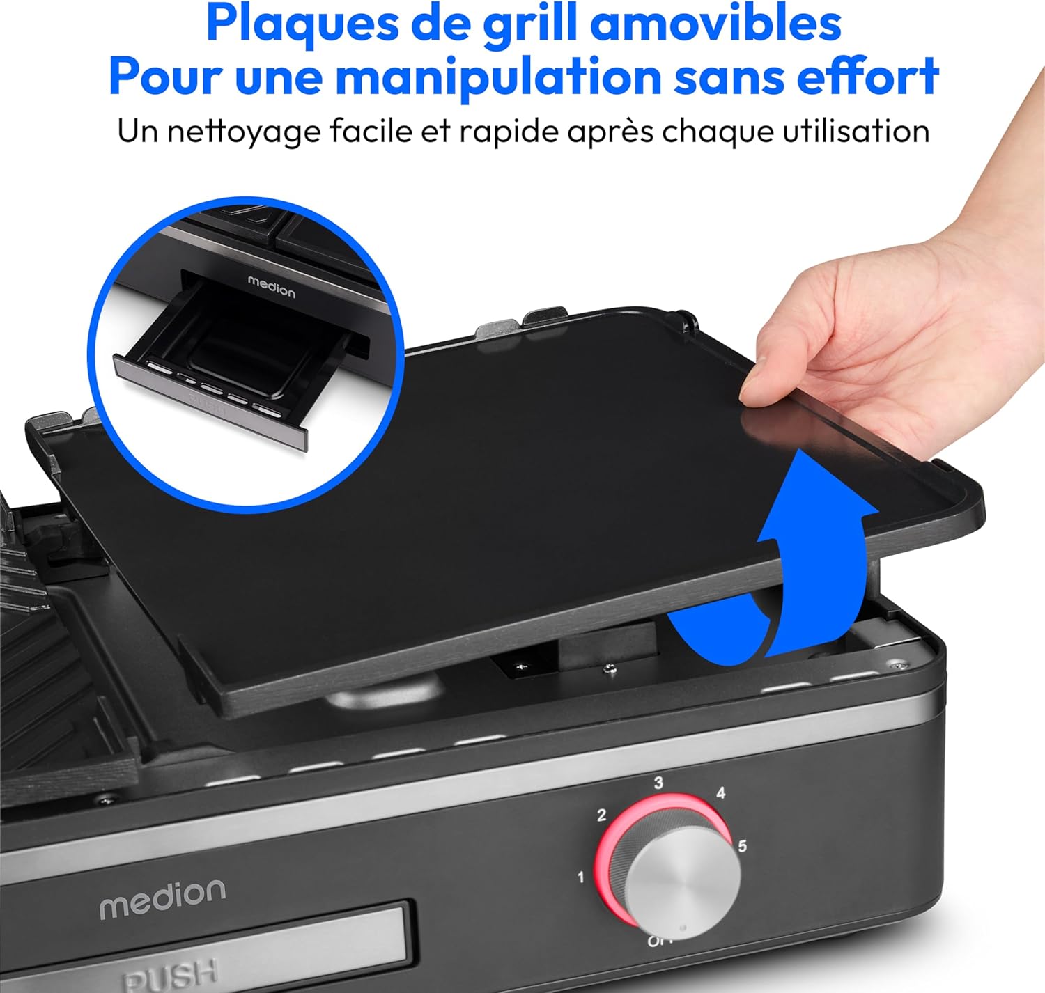 Medion - gril de table double zone - 2 plaques amovibles, 2400W, IPX4, MD12027