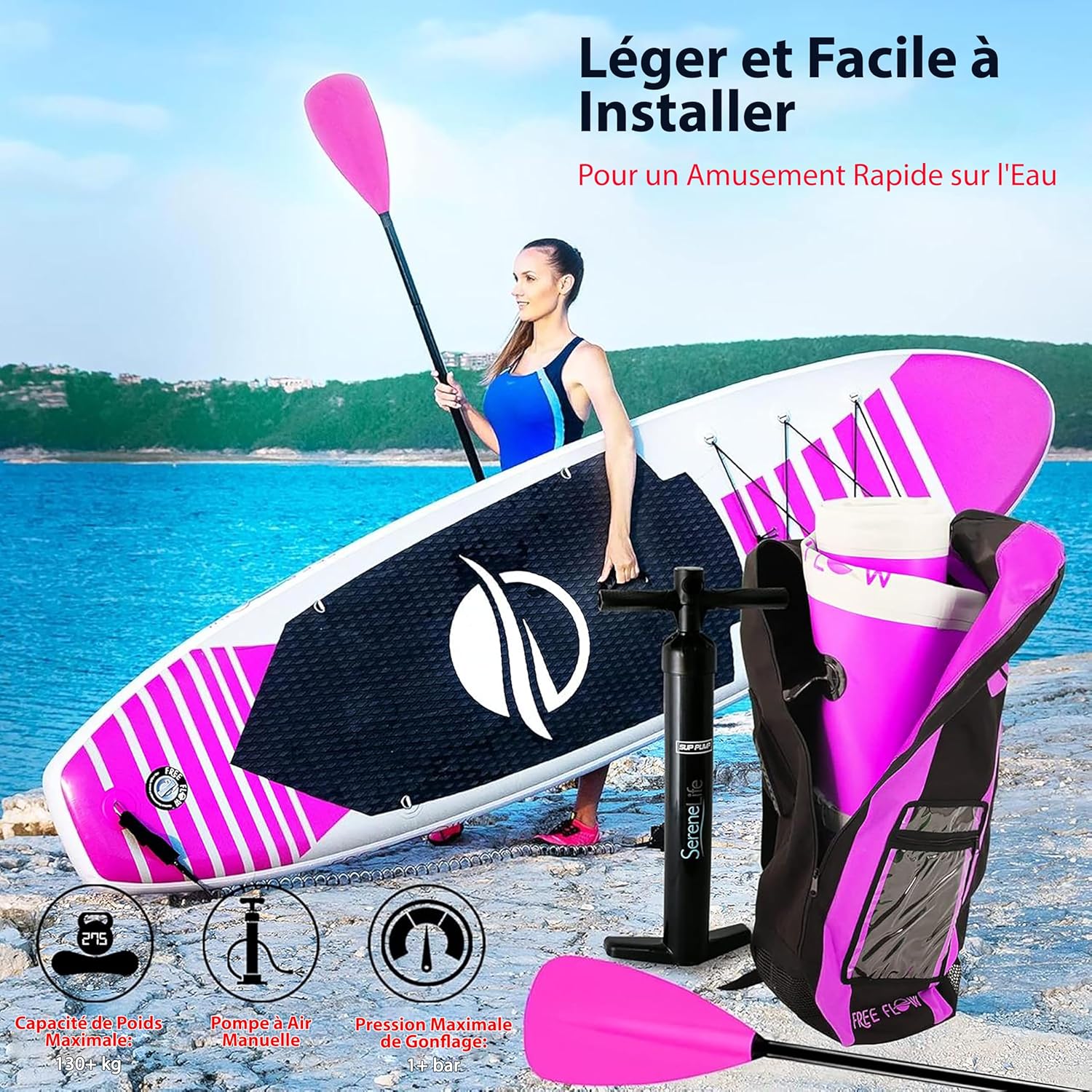 SereneLife Stand Up Paddle Gonflable Adulte 6” – Planche de Paddle avec Accessoires Sup, Sac de Transport, Pont Antidérapant, pour Mer, Lac, Rivière