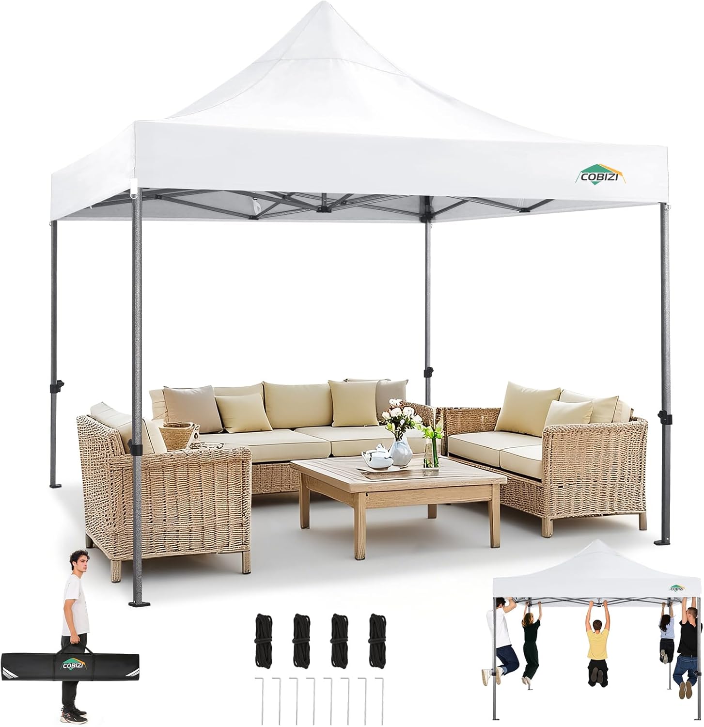 COBIZI Tente de Réception Pliante 3x3m Robuste sans Parois Latérales, Chapiteau de Fête Extérieur Commercial Facile à Monter, 3 Hauteurs Réglables avec Sac de Transport à Poignée,Blanc